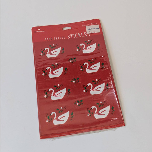 Vintage Hallmark Christmas Stickers, White Swans Green Holly, Red Envelope Seals - Picture 2 of 8